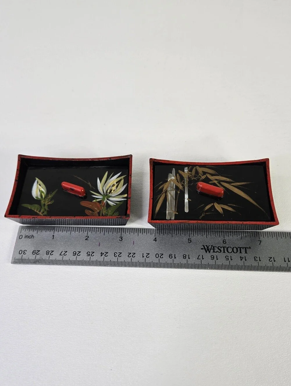 Vtg Japanese Lacquerware Box Set Urushi Maki-e Floral Bamboo Black Red Hand Pain
